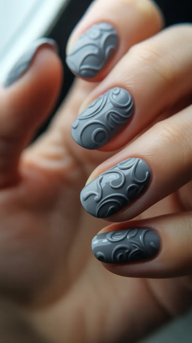 Fall 3D Nail Art 2025 Textured Grey Swirls
