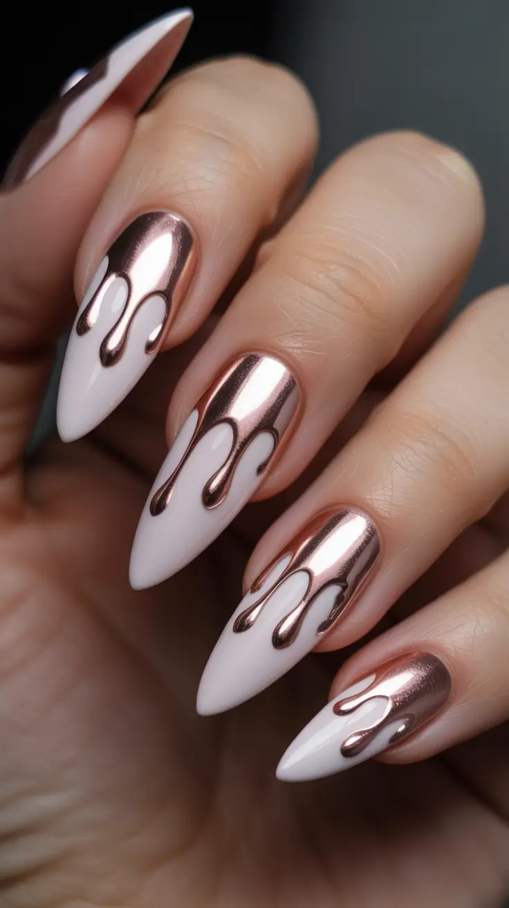 Fall 3D Nail Art 2025 Rose Gold Drip Elegance
