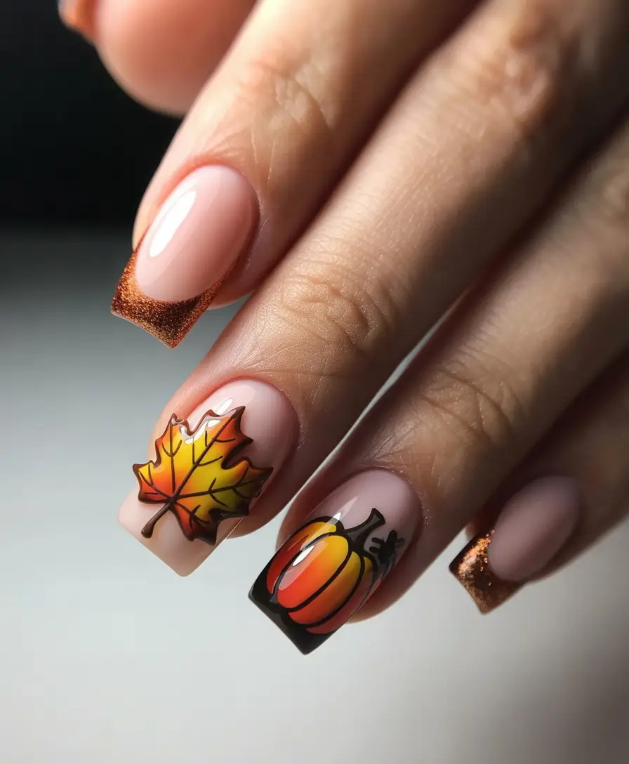 Fall-3D-Nail-Art-2025-Rustic-Pumpkin-and-Leaf-Square-Tips