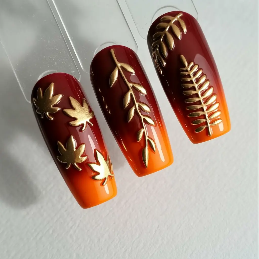 Fall-3D-Nail-Art-2025-Golden-Autumn-Ombre