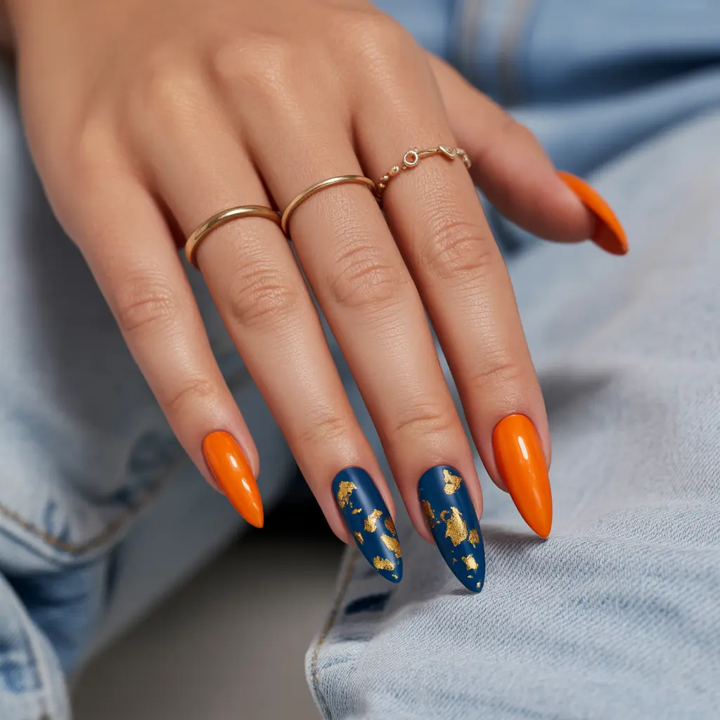 fall acrylic nails Bold Autumn Contrast with Gold Accents