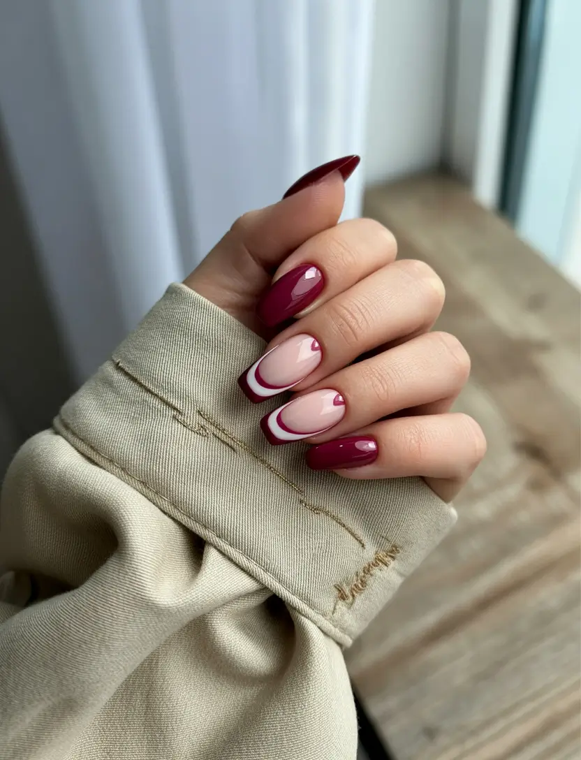 fall acrylic nails Berry Tones with Geometric Charm