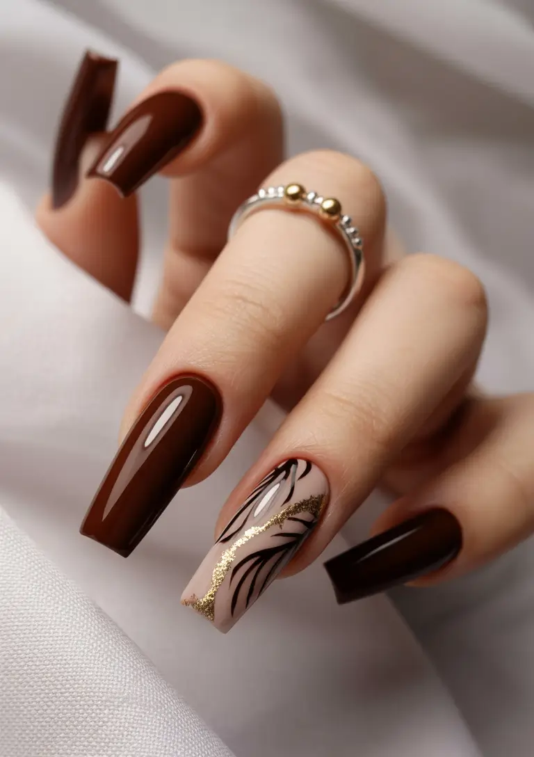 fall-acrylic-nails-short-and-long-ideas-2025-espresso-elegance-with-gold-accent