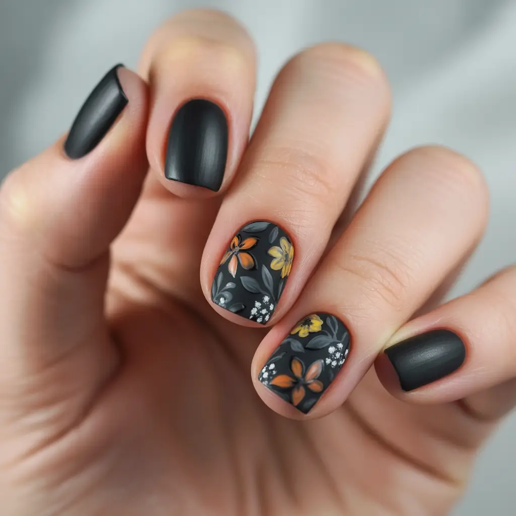 fall acrylic nails Matte Noir Florals