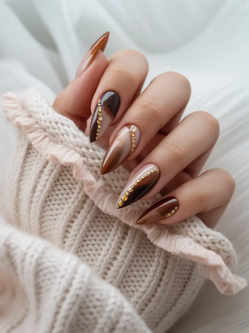 fall acrylic nails Chocolate and Caramel Elegance