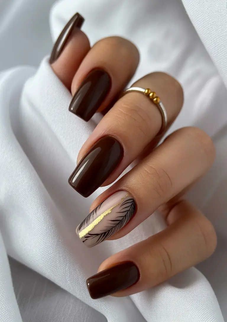 fall acrylic nails Espresso and Gold Leaf Detail