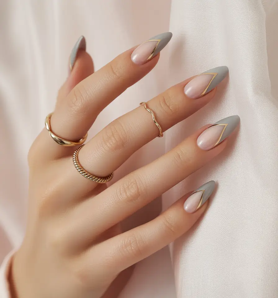 fall acrylic nails Matte Grey Chevron with Golden Edges