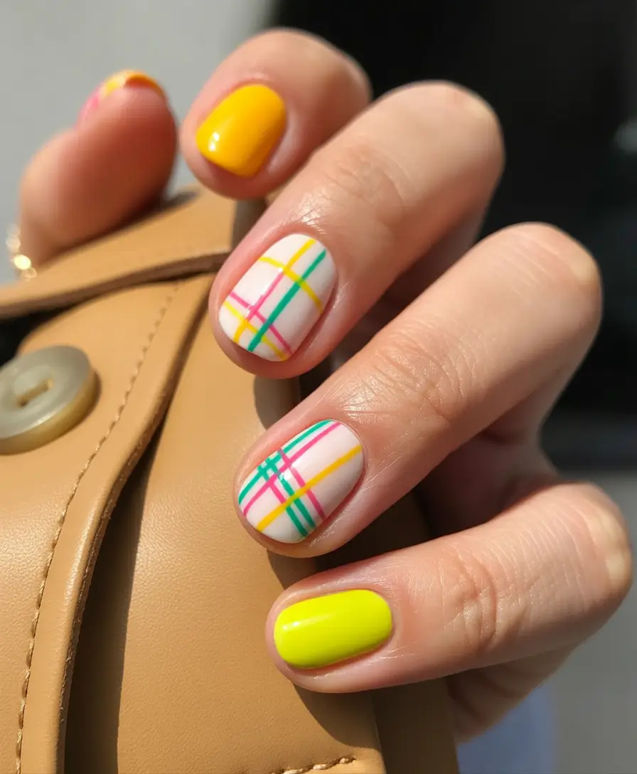 fall acrylic nails Playful Plaid with Bright Pops