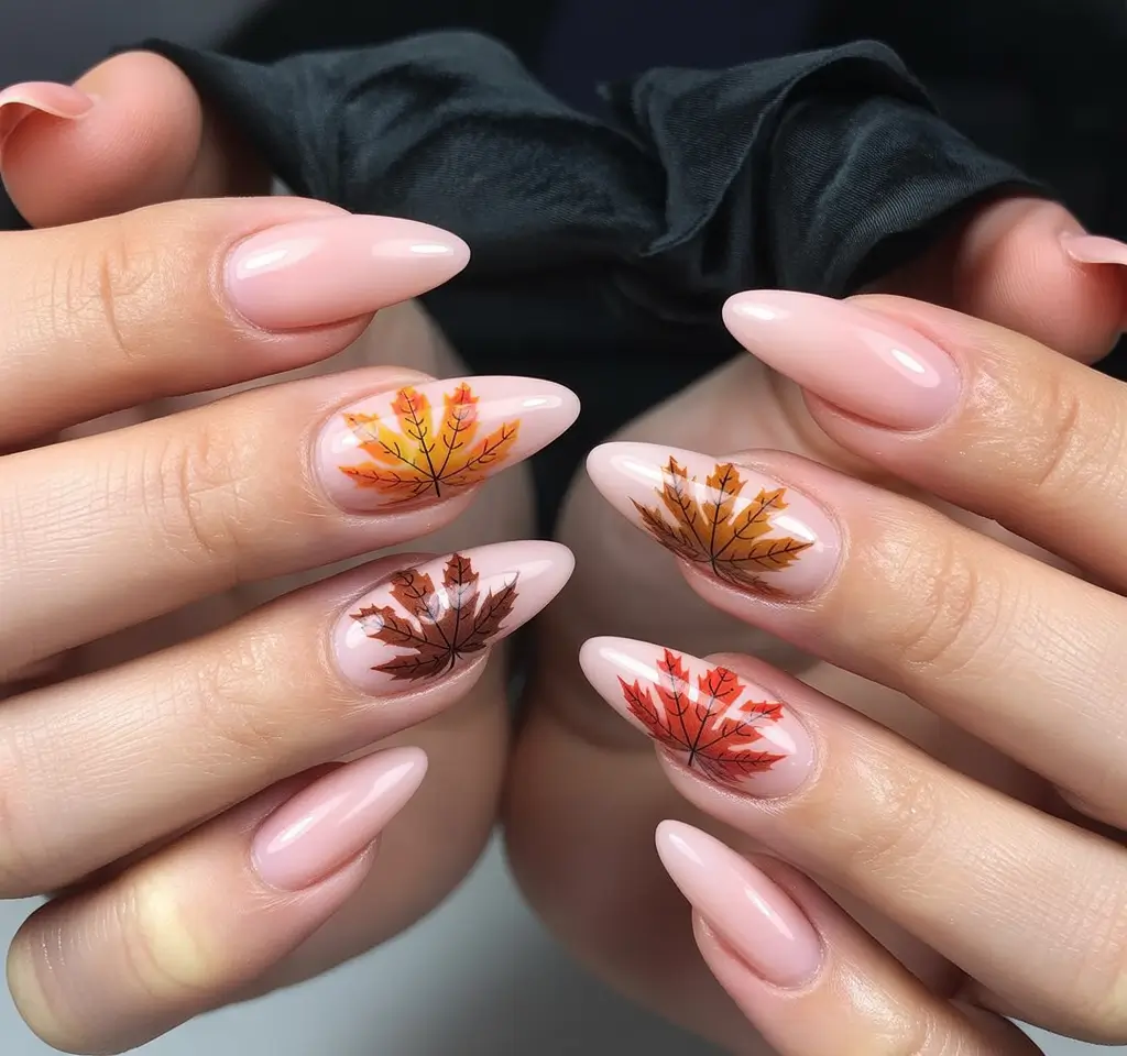 fall-acrylic-nails-short-and-long-ideas-2025-maple-leaf-charm
