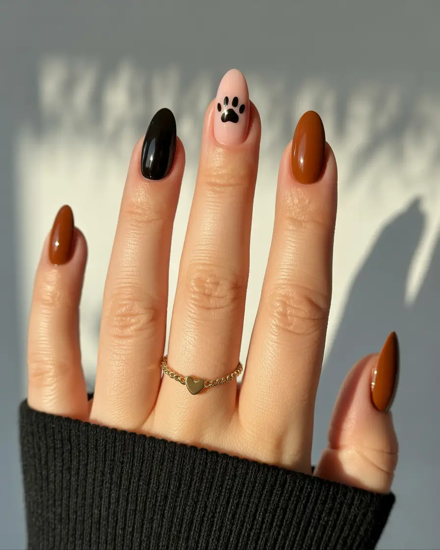 fall almond nails 2025 Coffee, Black & Paw Print: Cozy Contrast with a Playful Touch