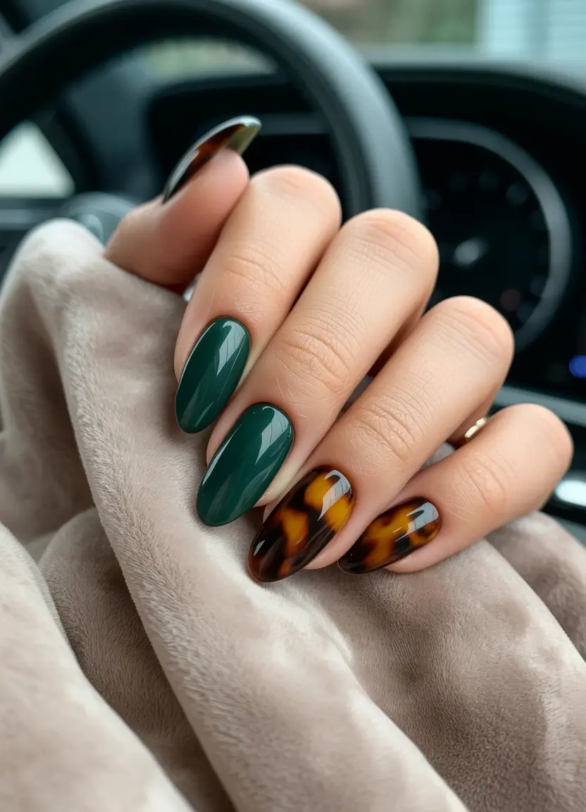 fall almond nails 2025 Forest & Tortoiseshell Harmony: Wild Yet Sophisticated