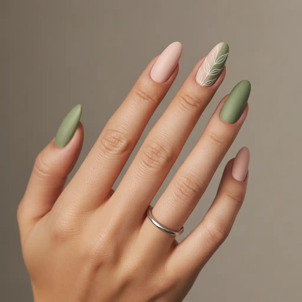 fall almond nails 2025 Matte Sage & Blush with White Line Art: Whimsical Naturalism