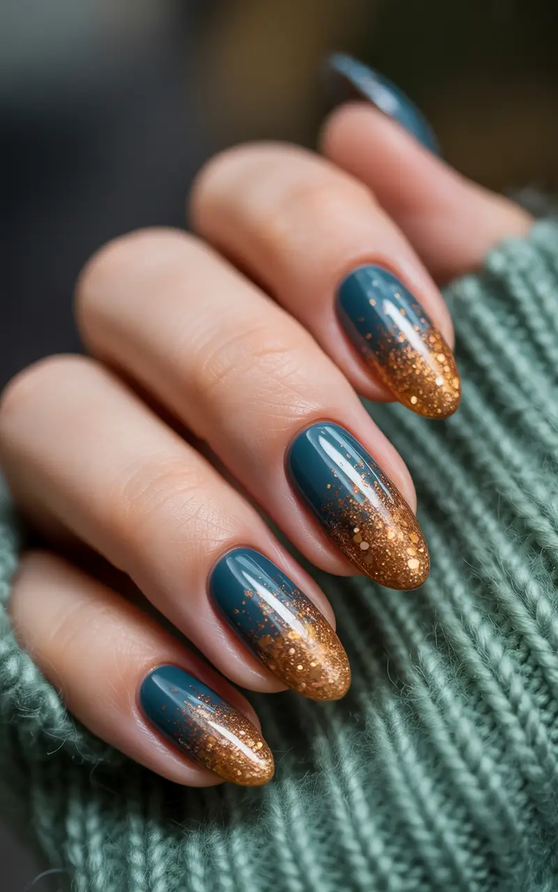 fall almond nails 2025 Blue Teal with Gold Glitter Fade: Cozy Luxe Energy