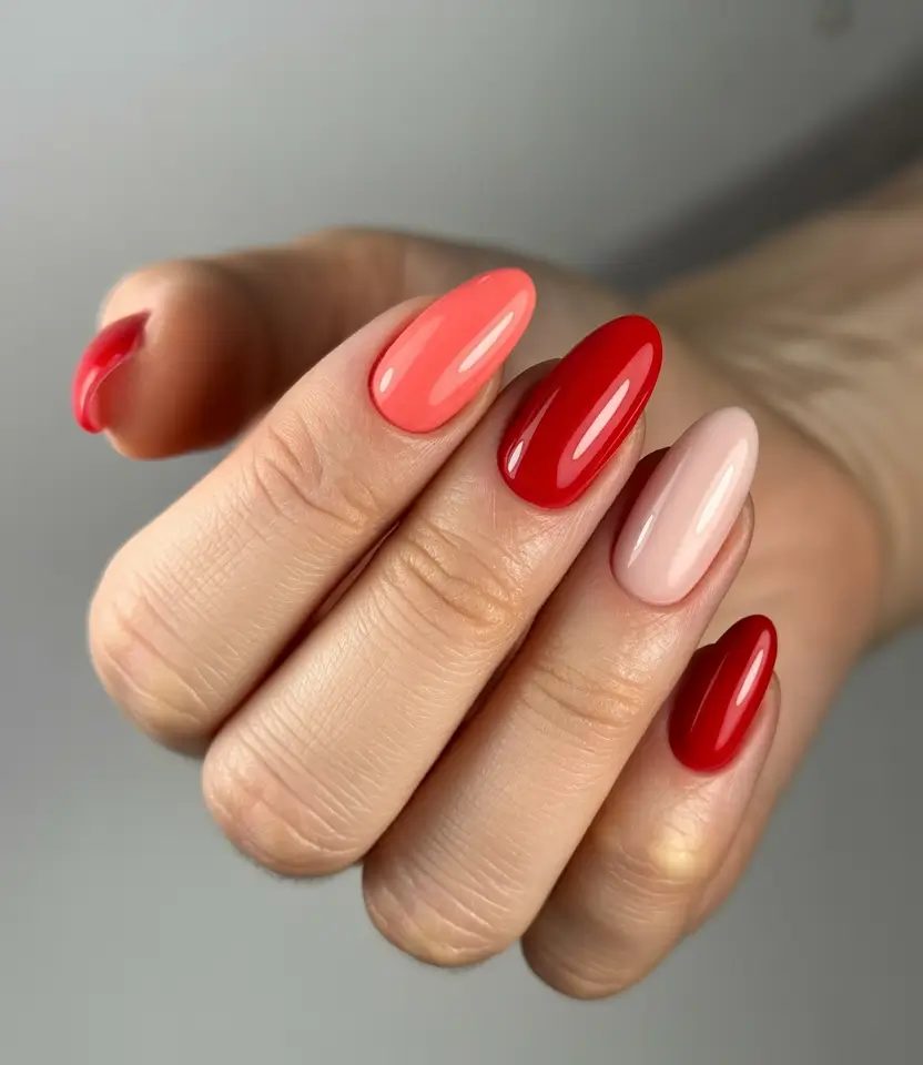 fall almond nails 2025 Tomato Red & Pink Gradient: Juicy Pop for Chilly Days