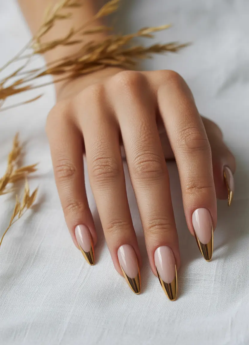 fall almond nails 2025 Chrome Gold French Tips: Autumn Royalty in Minimal Form