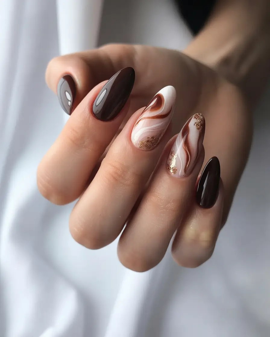 fall almond nails 2025 Deep Marble Browns with Gold Accent
