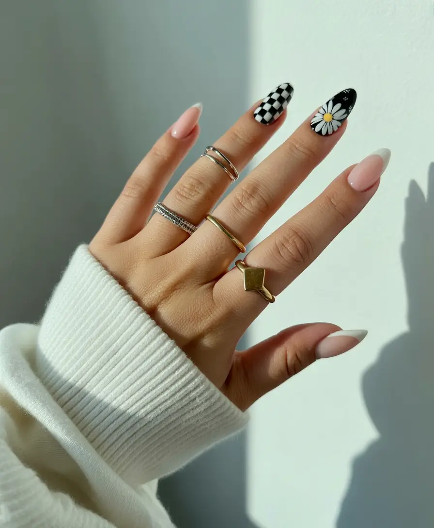 fall almond nails 2025 Checkerboard & Daisy Mix