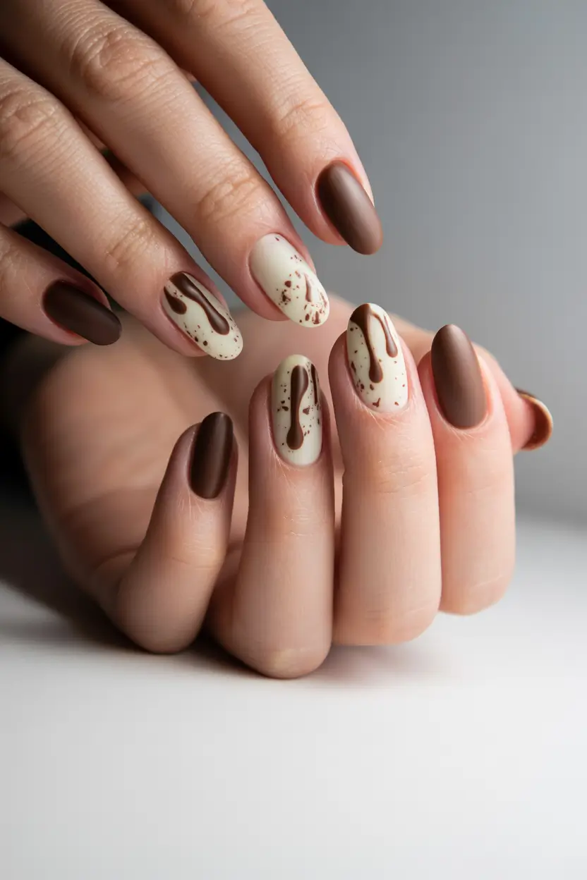 fall almond nails 2025 Chocolate Drip with Matte Finish