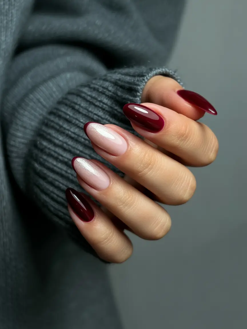 fall almond nails 2025 Deep Crimson with Soft Blush Accent