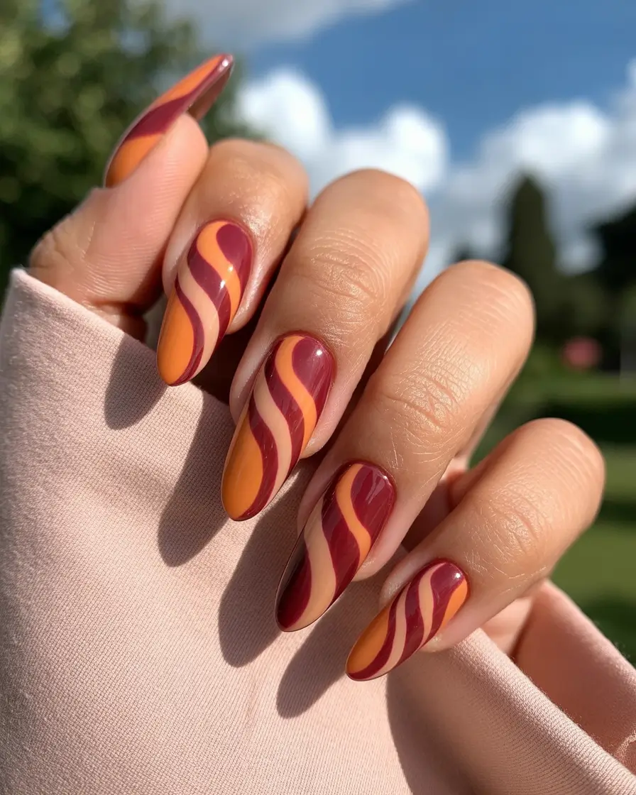 fall almond nails 2025 Retro Swirl in Pumpkin & Wine