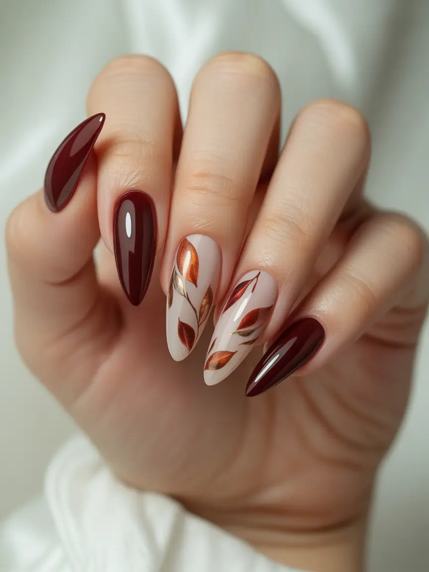 fall almond nails 2025 Glossy Leaves in Burgundy & Copper