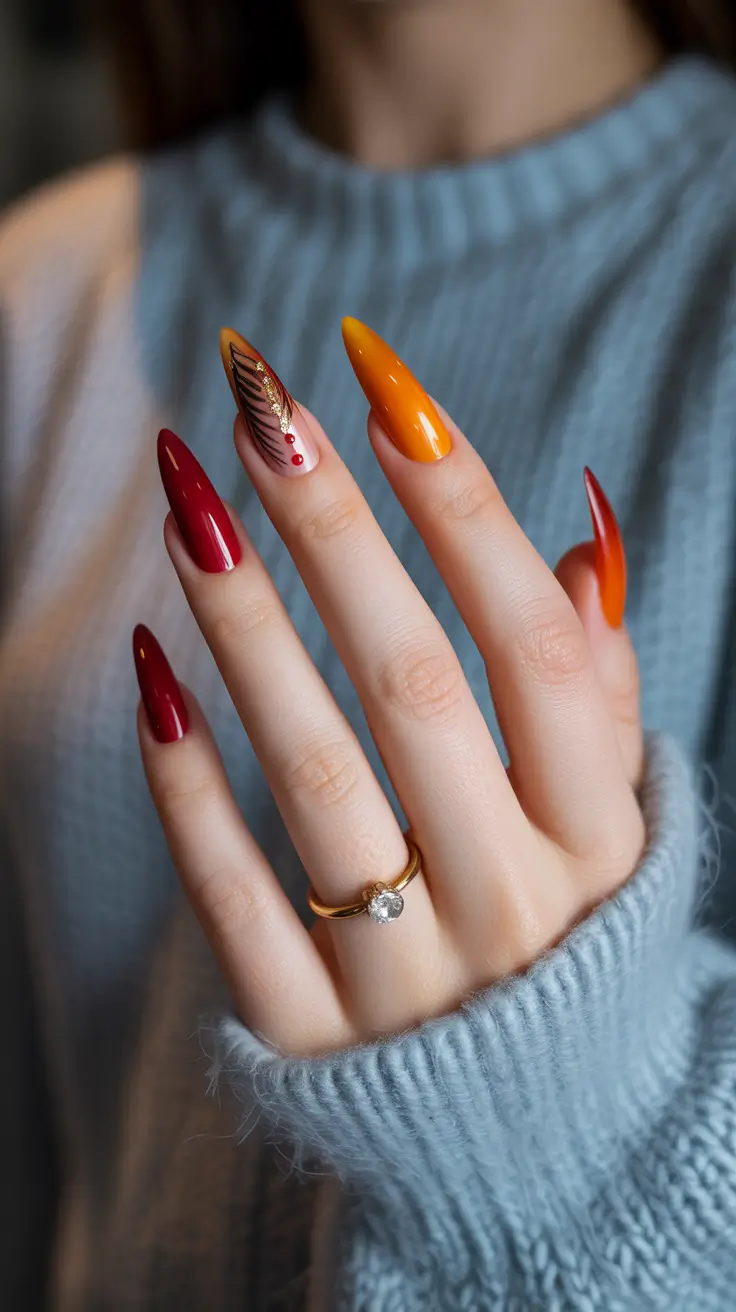 fall almond nails 2025 Fiery Fall Gradient with Feather Accent