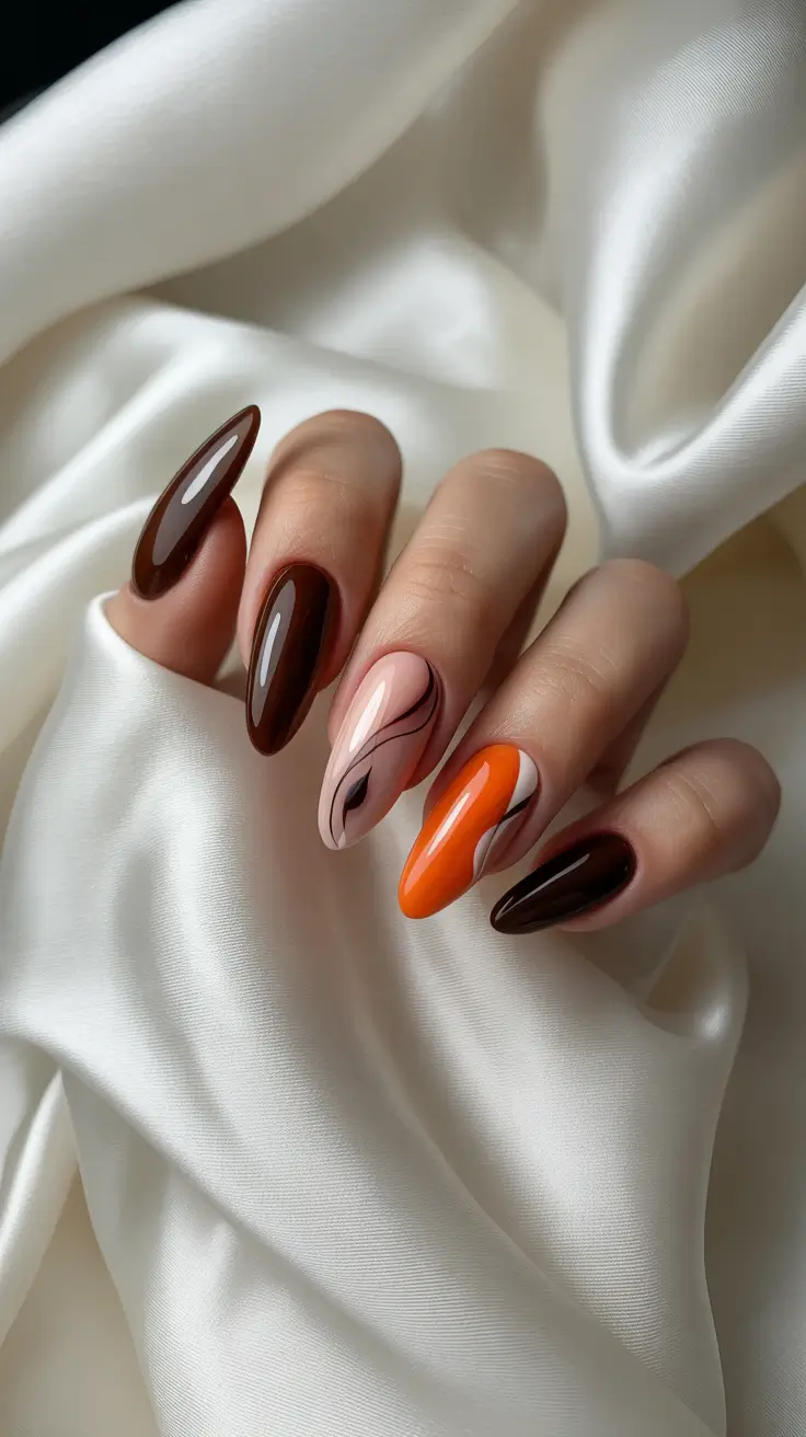 fall almond nails 2025 Retro Burnt Orange Meets Soft Nude Swirl