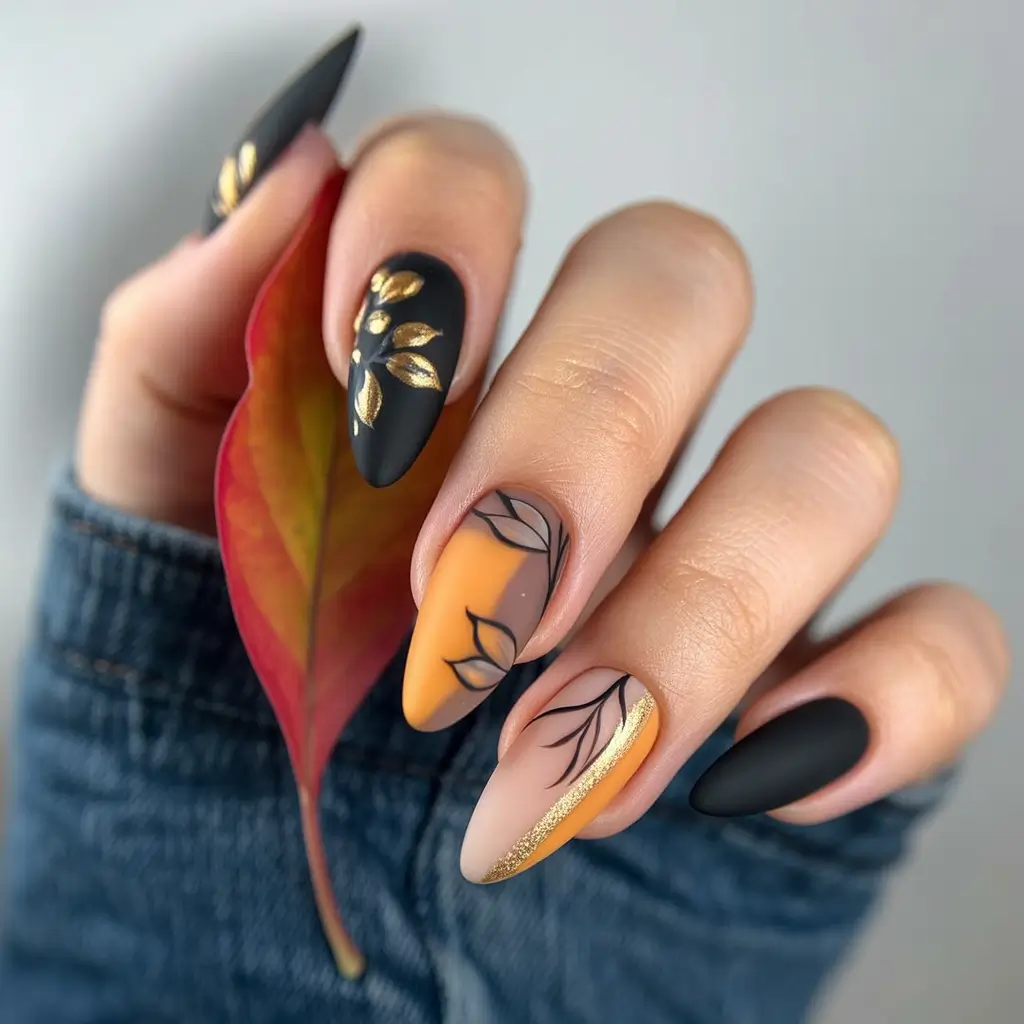 fall almond nails 2025 Matte Black and Mustard with Botanical Art