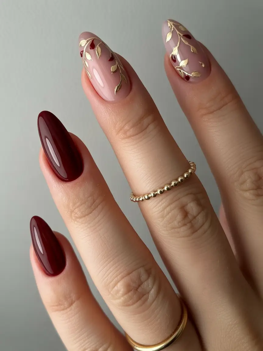 fall almond nails 2025 Burgundy & Gold Leaf: Autumn Royalty