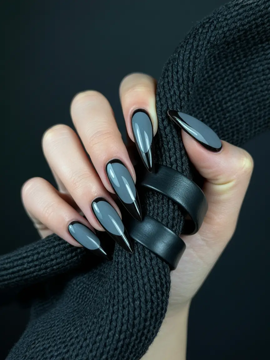 fall almond nails 2025 Glossy Gray & Jet Black: Fall’s Edgy Minimalist