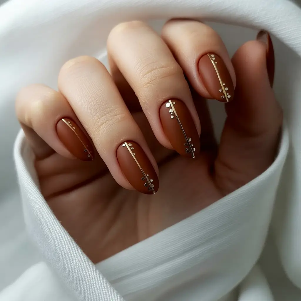 fall almond nails 2025 Matte Chocolate & Gold Studs: Spiced Elegance