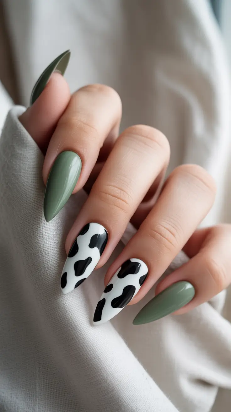 Fall Animal Print Nails 2025 Earthy Cow Print with Olive Accents