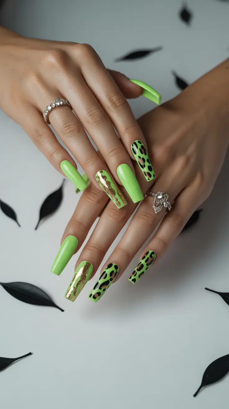 Fall Animal Print Nails 2025 Neon Leopard with Golden Accents