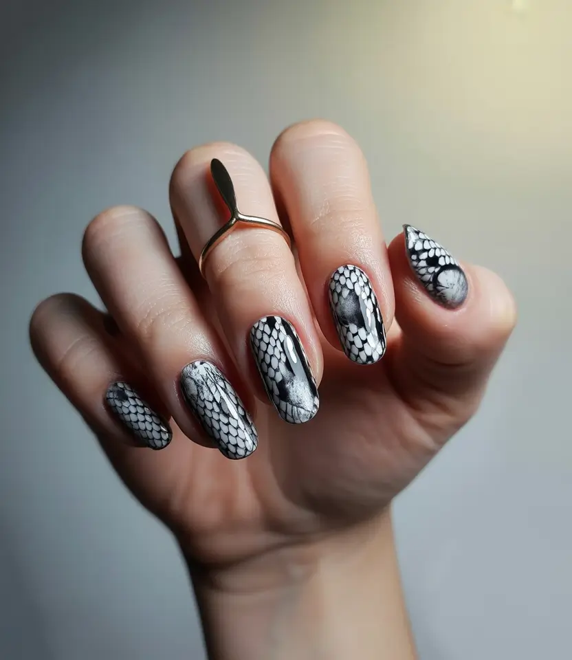 Fall Animal Print Nails 2025 Monochrome Snake Print