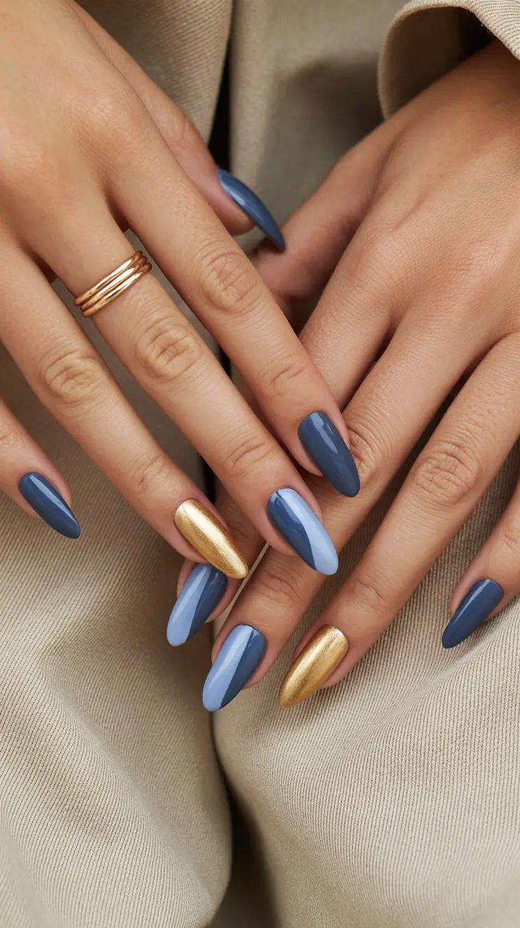 fall chrome nails 2025 Midnight Blue with Golden Accents