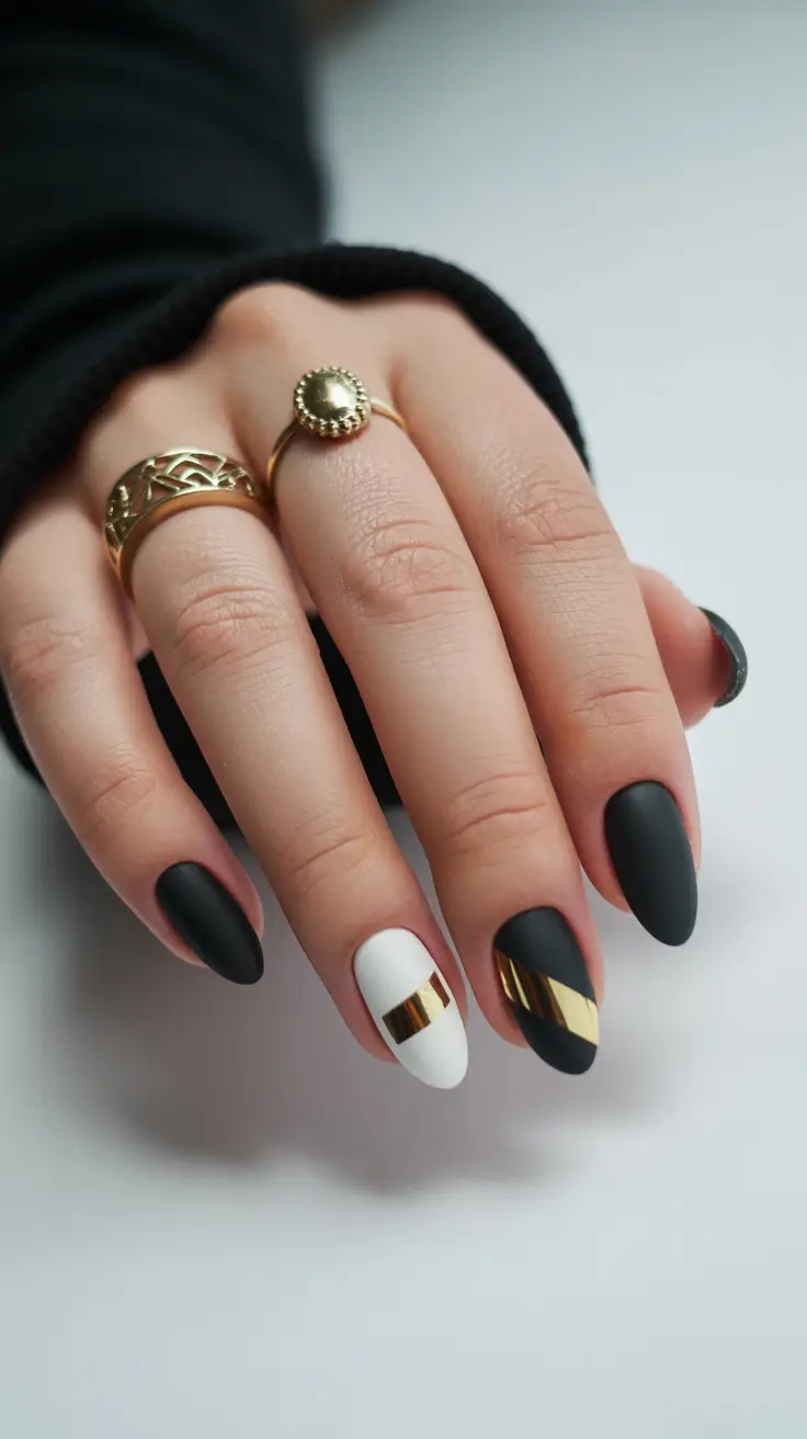 fall chrome nails 2025 Black and White with Gold Geometry