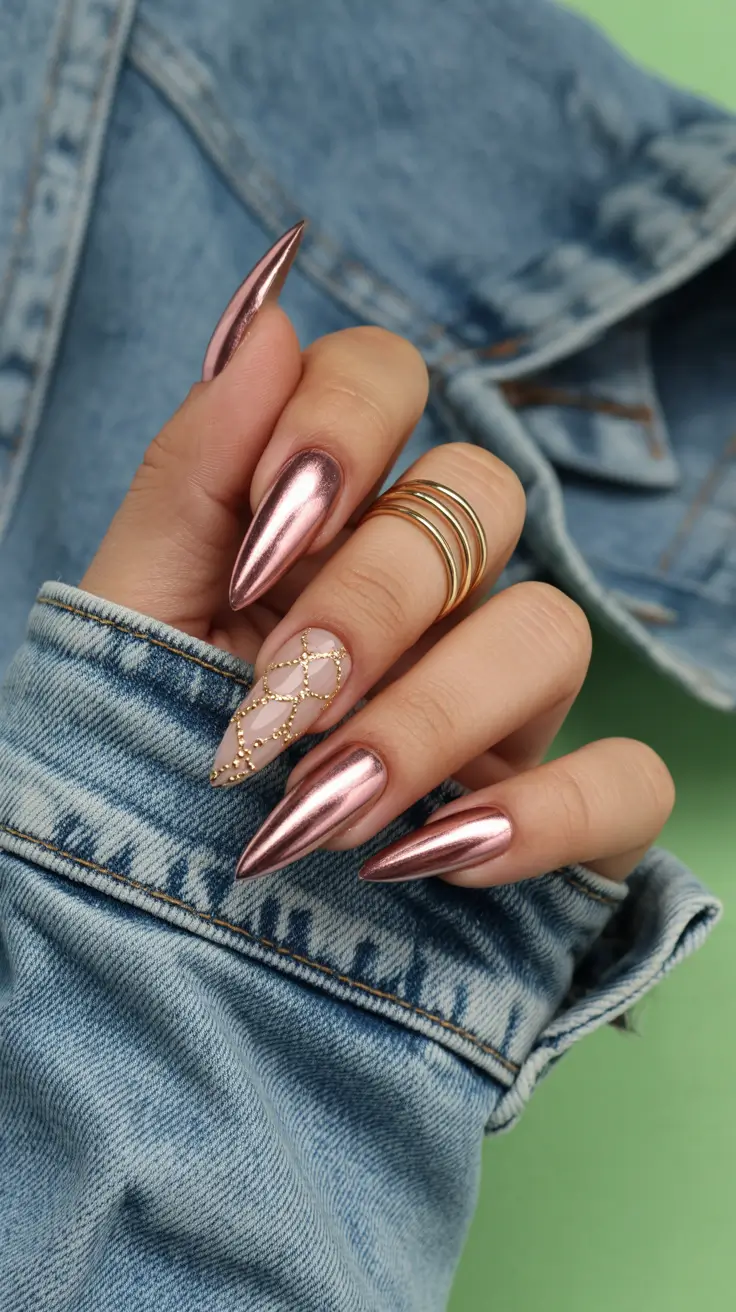 fall chrome nails 2025 Rose Chrome With Gilded Mesh Accents