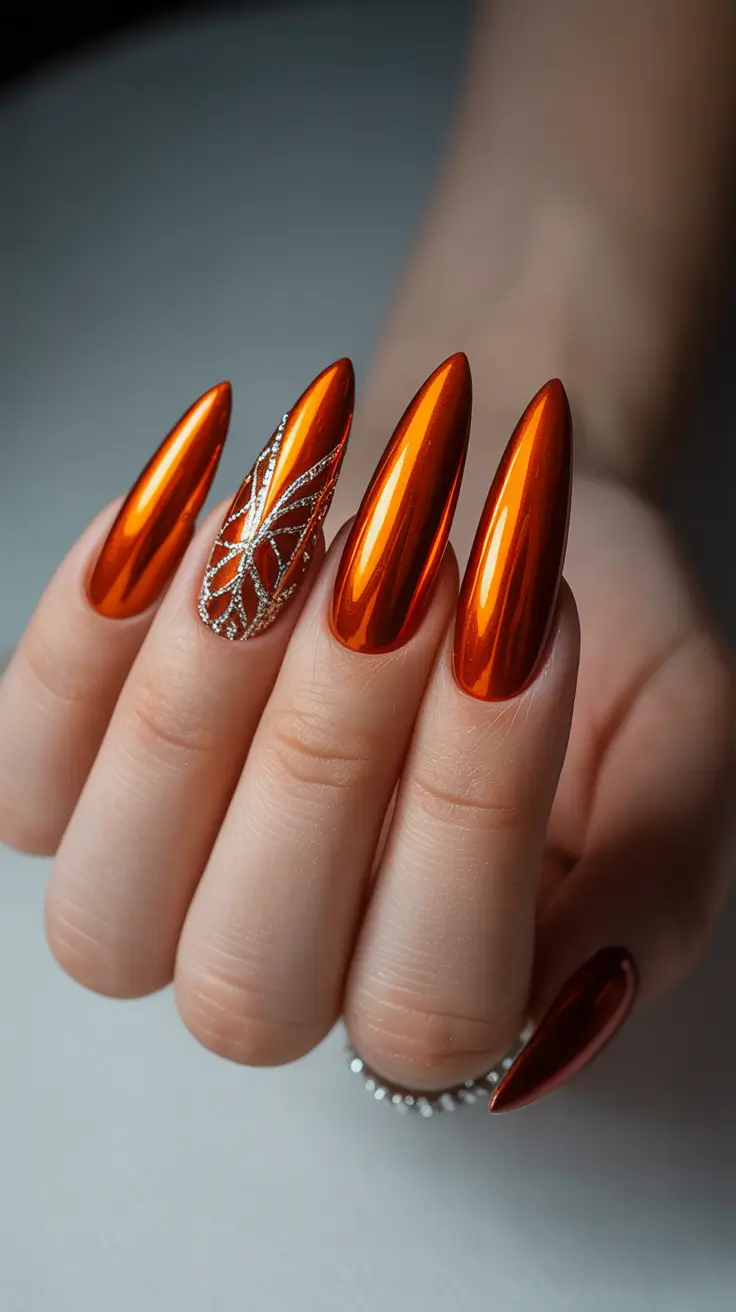 fall chrome nails 2025 Fiery Pumpkin Chrome