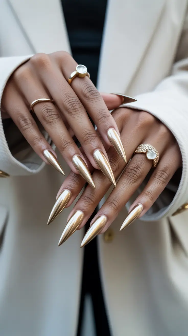 fall chrome nails 2025 Champagne Gold Stiletto Chrome