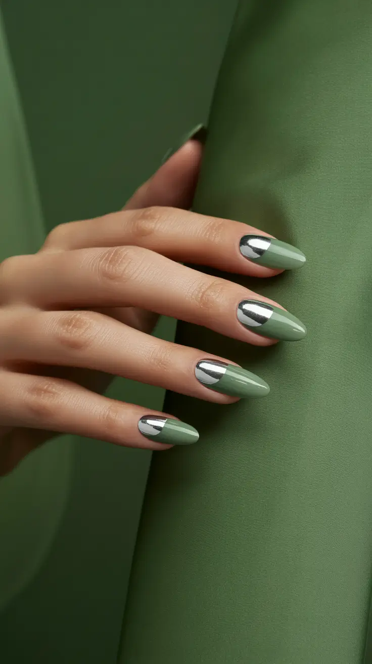 fall chrome nails 2025 Half-Moon Chrome on Sage Base