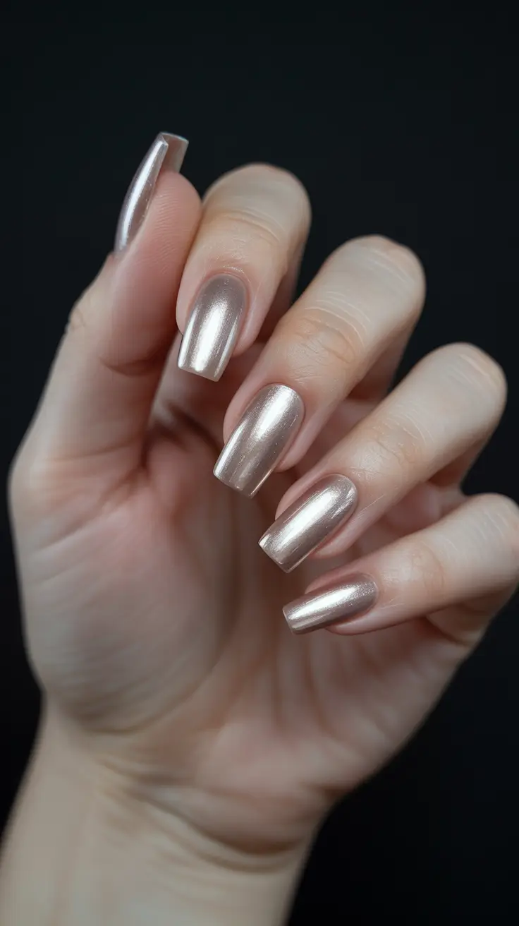 fall chrome nails 2025 Soft Champagne Chrome Glow