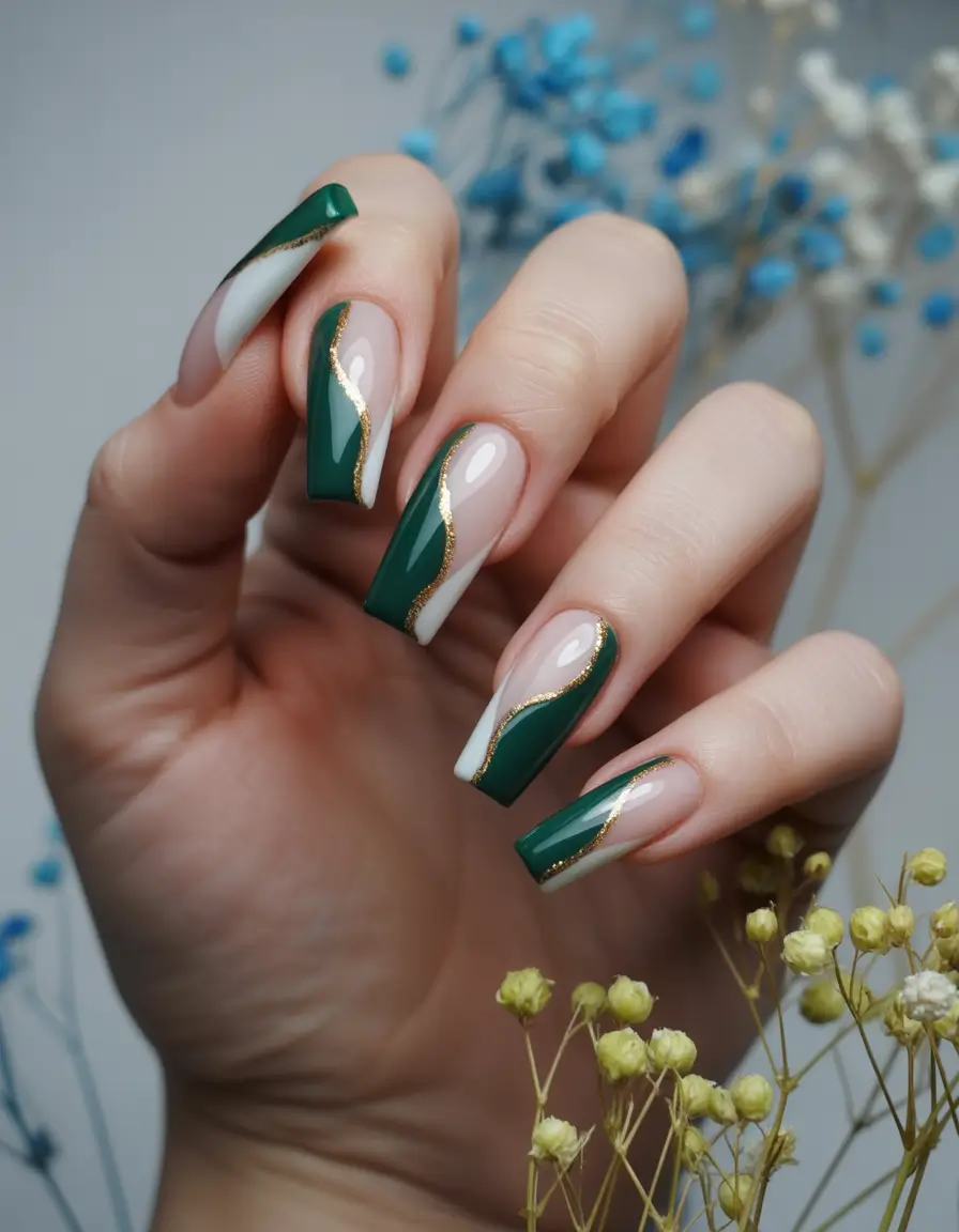 fall coffin nail ideas 2025+Deep Forest Waves with a Golden Twist