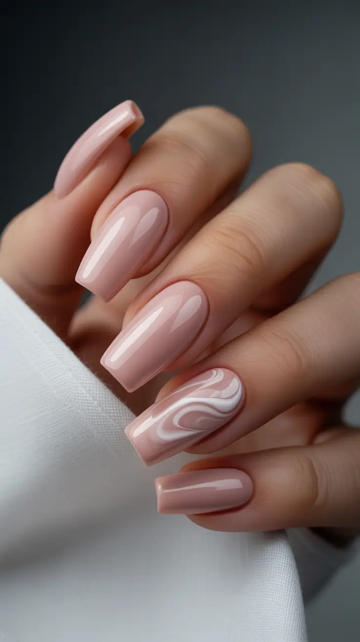 fall coffin nail ideas 2025+Creamy Nude with Marbled Whispers