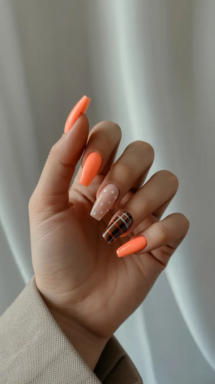 fall coffin nail ideas 2025+Pumpkin Plaid & Playful Dots