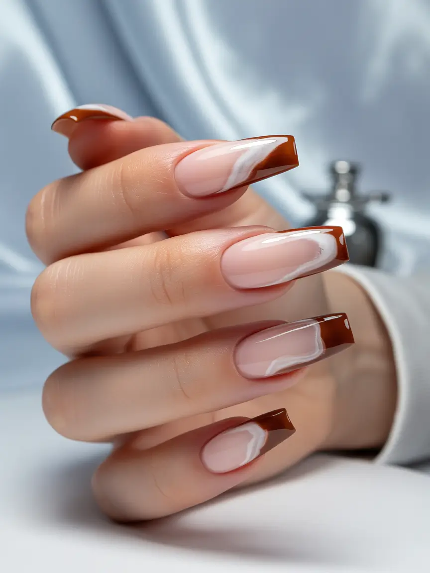 fall coffin nail ideas 2025+Coffee Cream Marble Tips