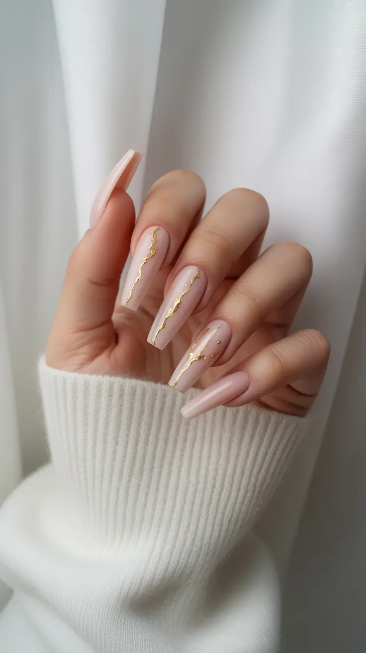 fall coffin nail ideas 2025+Golden Cracks on Milky White
