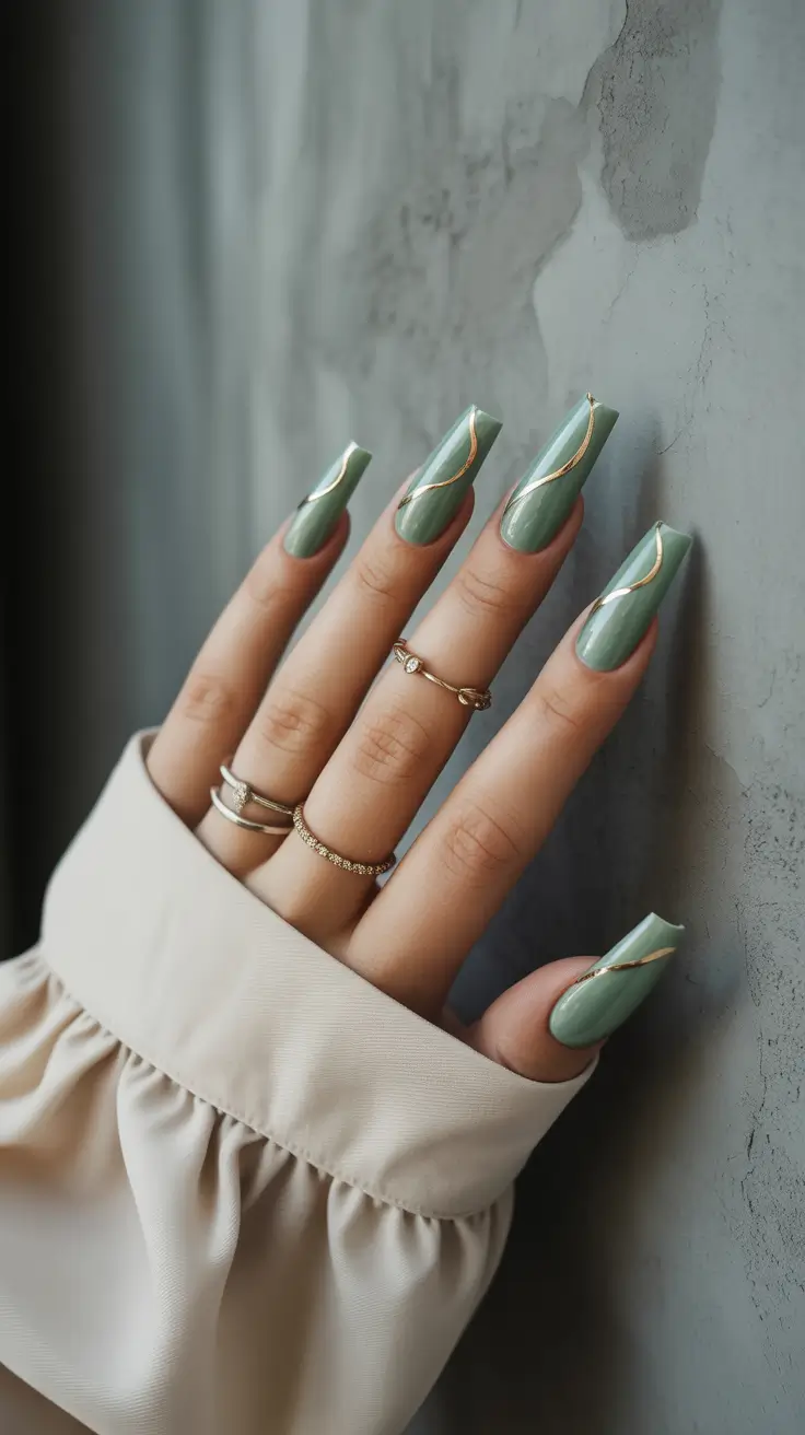 fall-coffin-nail-ideas-2025+Green Velvet With a Golden Line