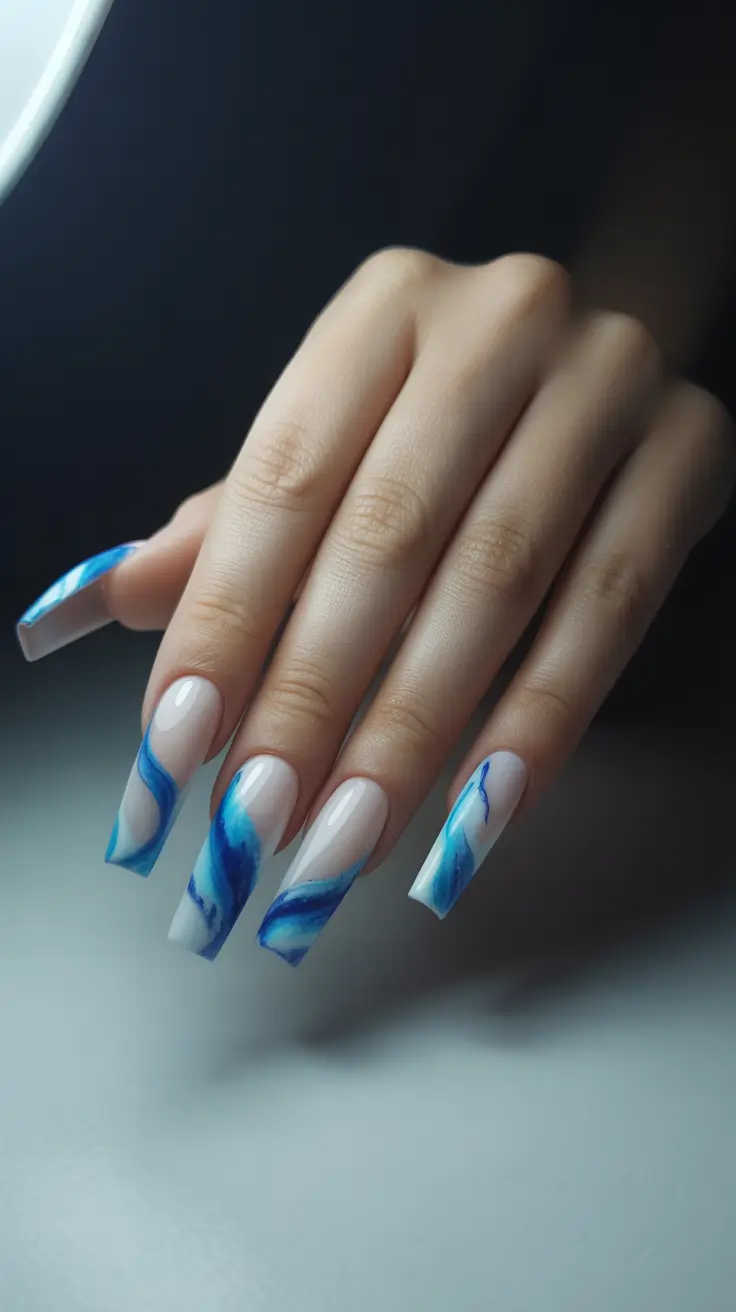 fall-coffin-nail-ideas-2025+Stormy Blue Swirl Energy