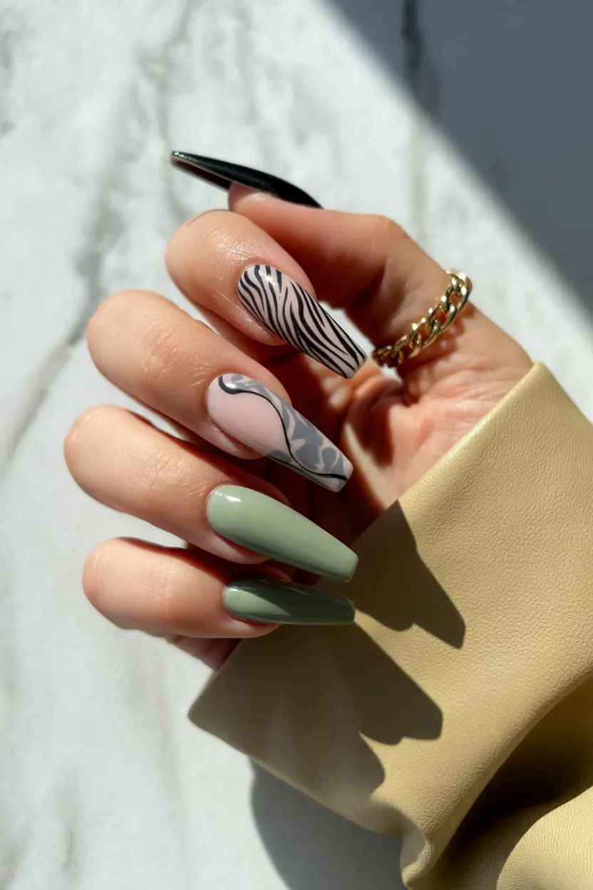 fall-coffin-nail-ideas-2025+Moss Meets Monochrome: The Unexpected Mix