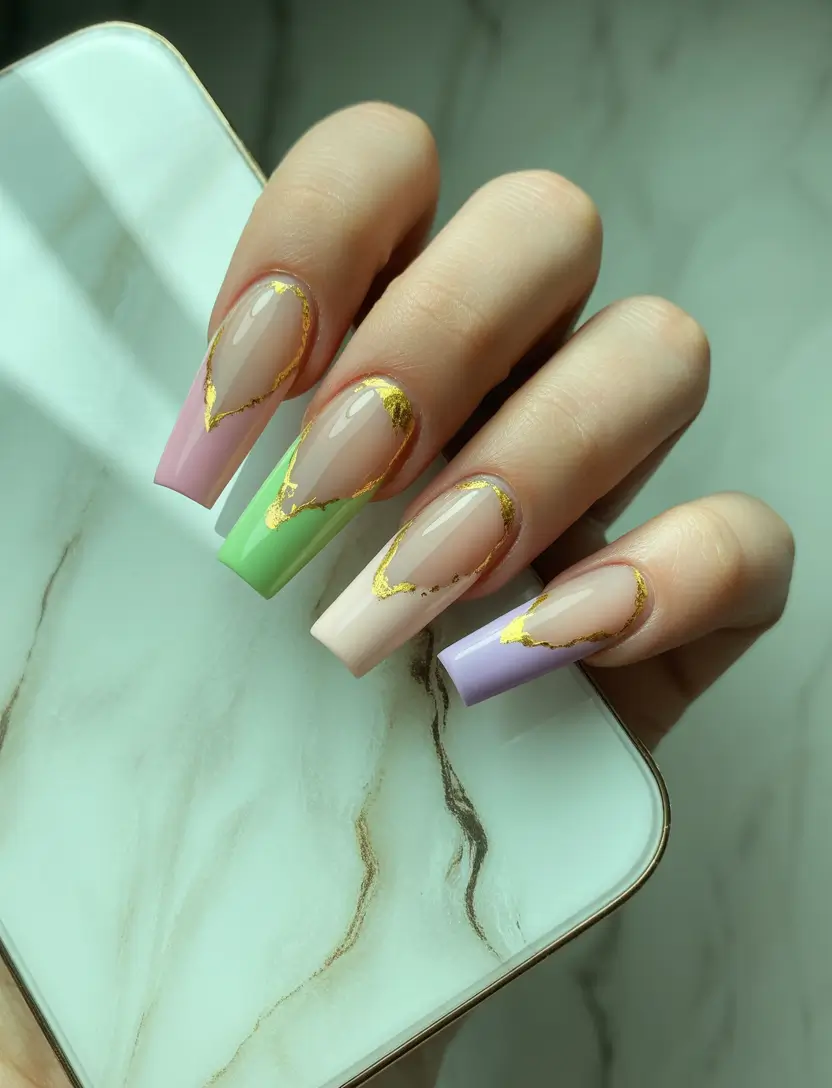 fall coffin nail ideas 2025+Pastel Earthquake with Foil Drama